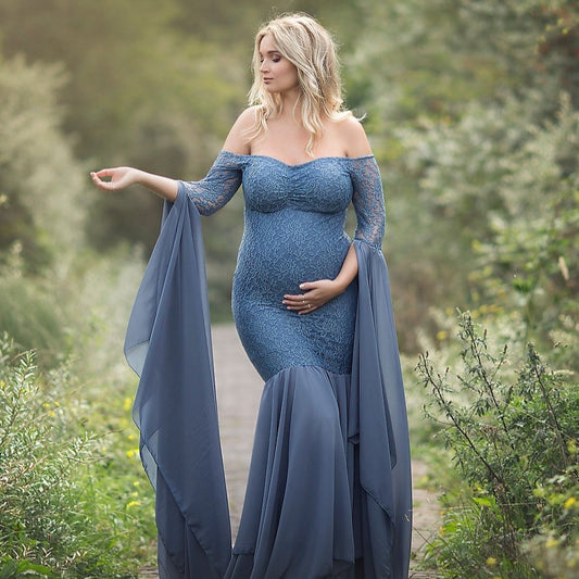 Lace Stitching Super Long Sleeve Maternity Dress