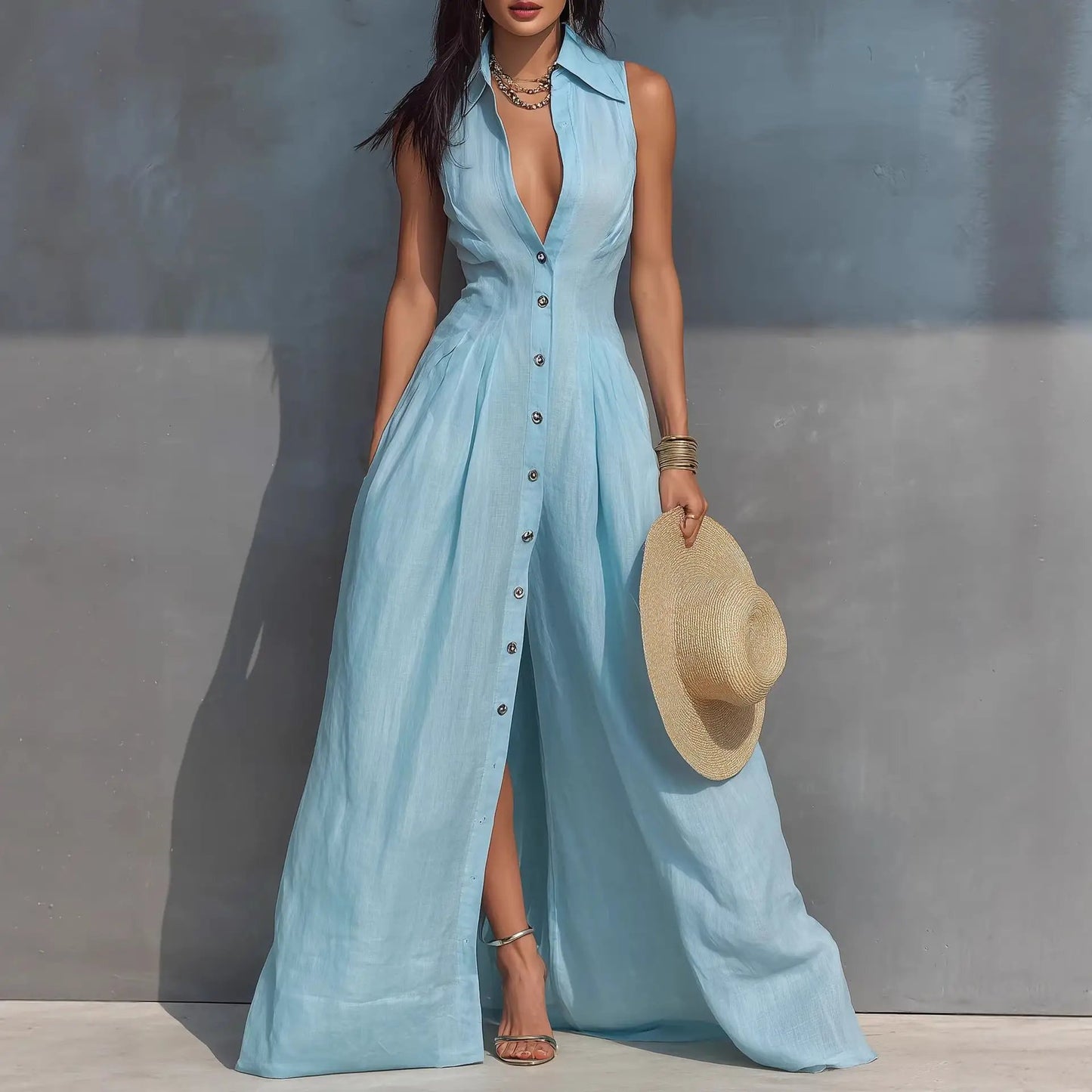 High-waisted Lapel Shirt-style Maxi Dress by GJG Denim