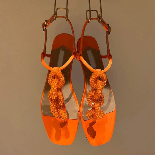 Women's Crystal String Beads Flat Sandals by GJG Denim