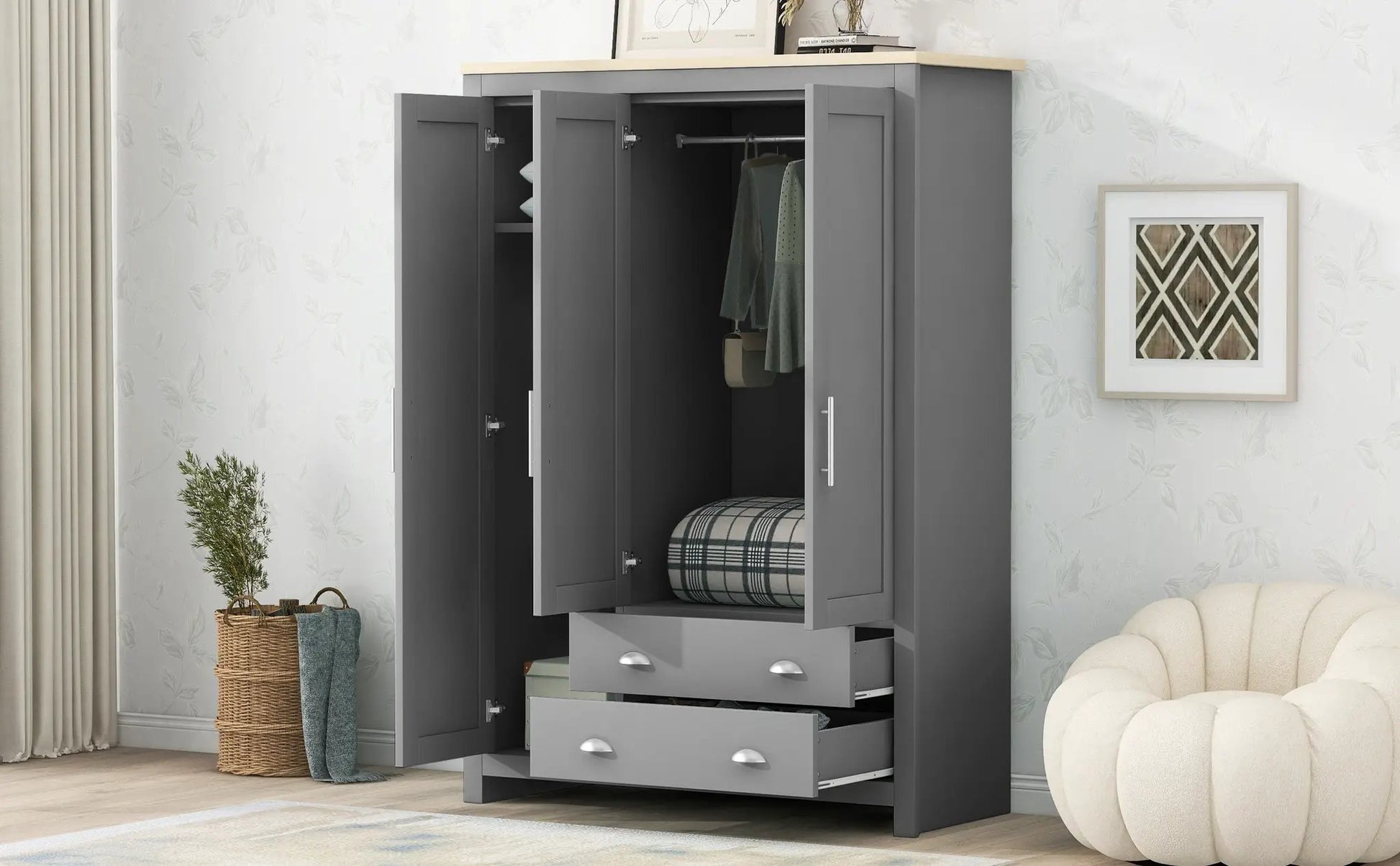 Three Door Storage Wardrobe With Cabinets And Two Hanging Rods,Gray by GJG Denim