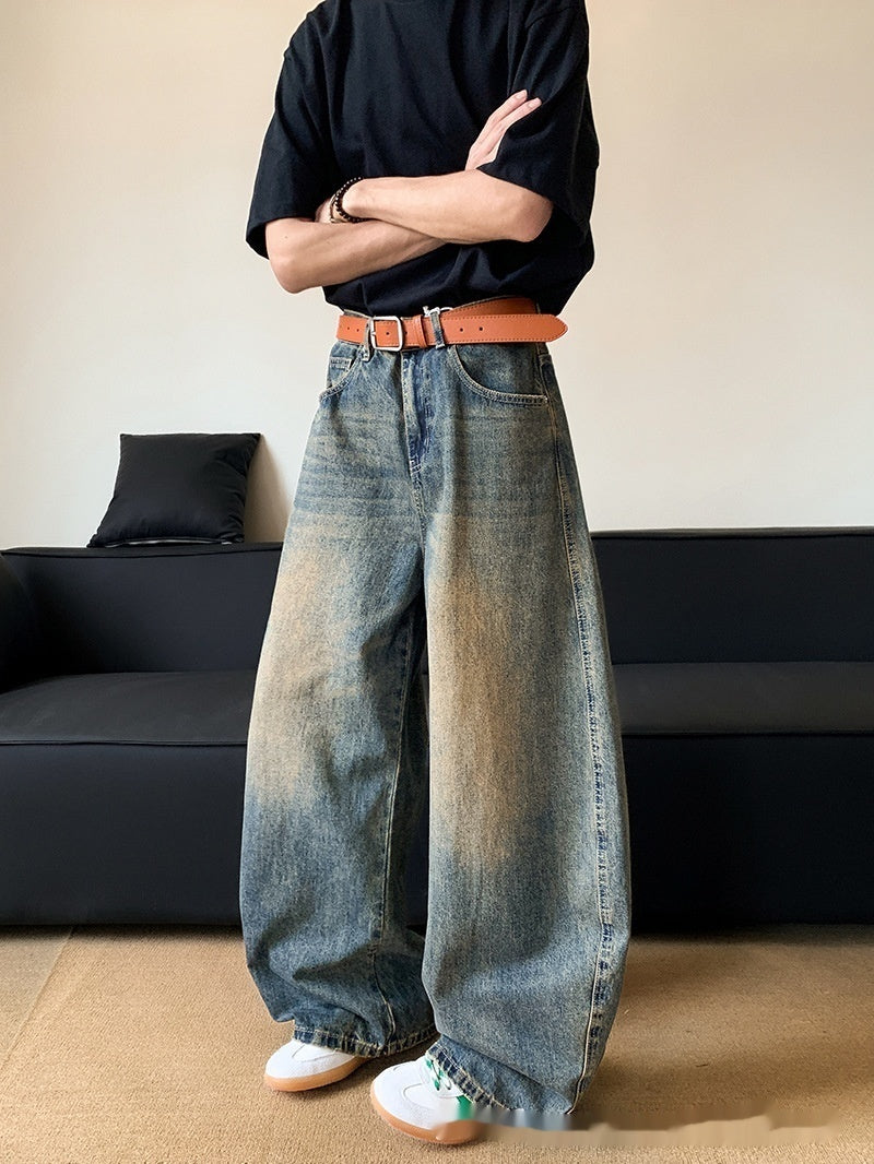 Men's Retro Distressed Machete Denim Slimming Wide-leg Jeans