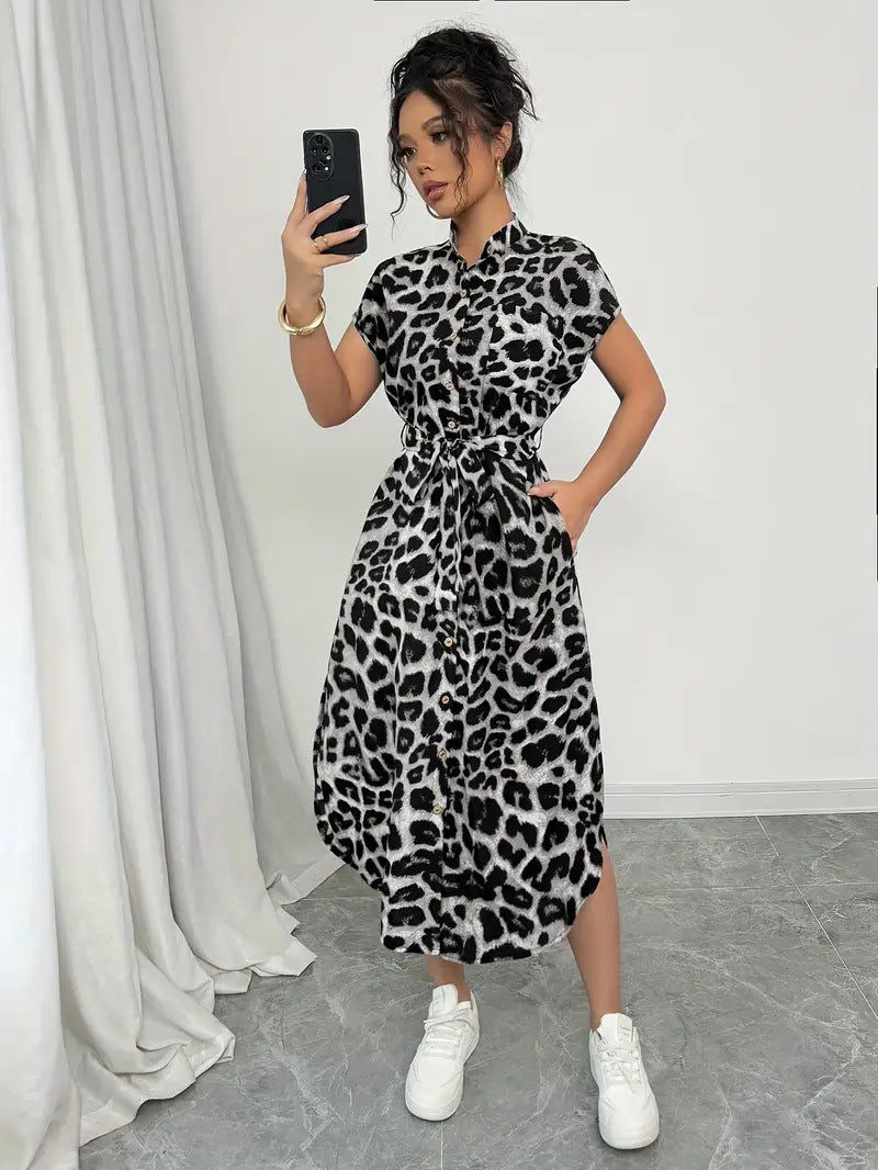 Leopard Print Front Button Shirt Belt Bow Shirt For Women