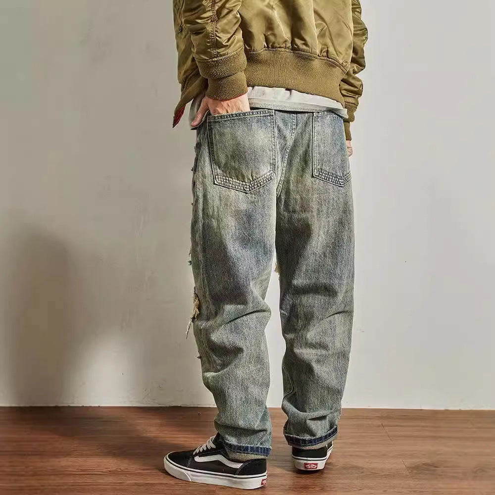 Men's Loose Straight Tapered Distressed Broken Holes Jeans