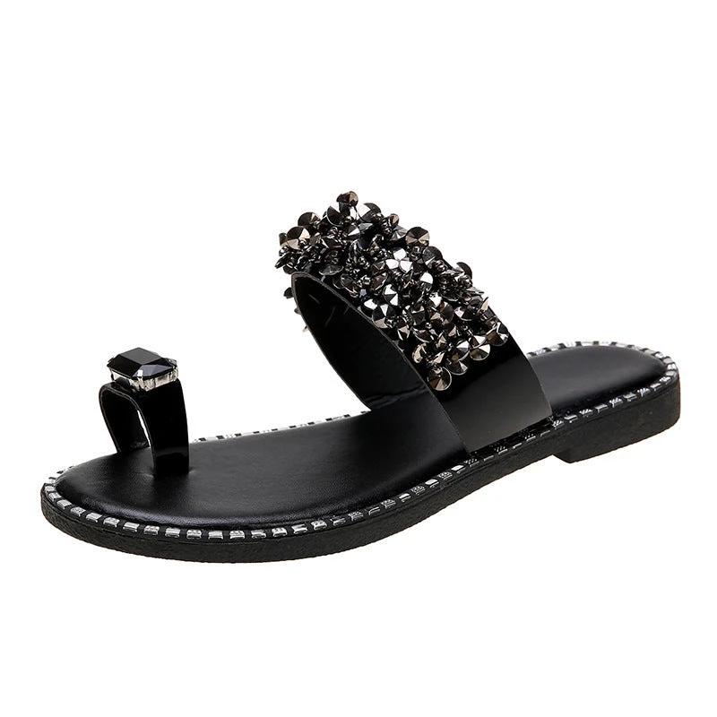 Summer Flat-heel All-over-toe Rhinestone Sandals Sandals by GJG Denim