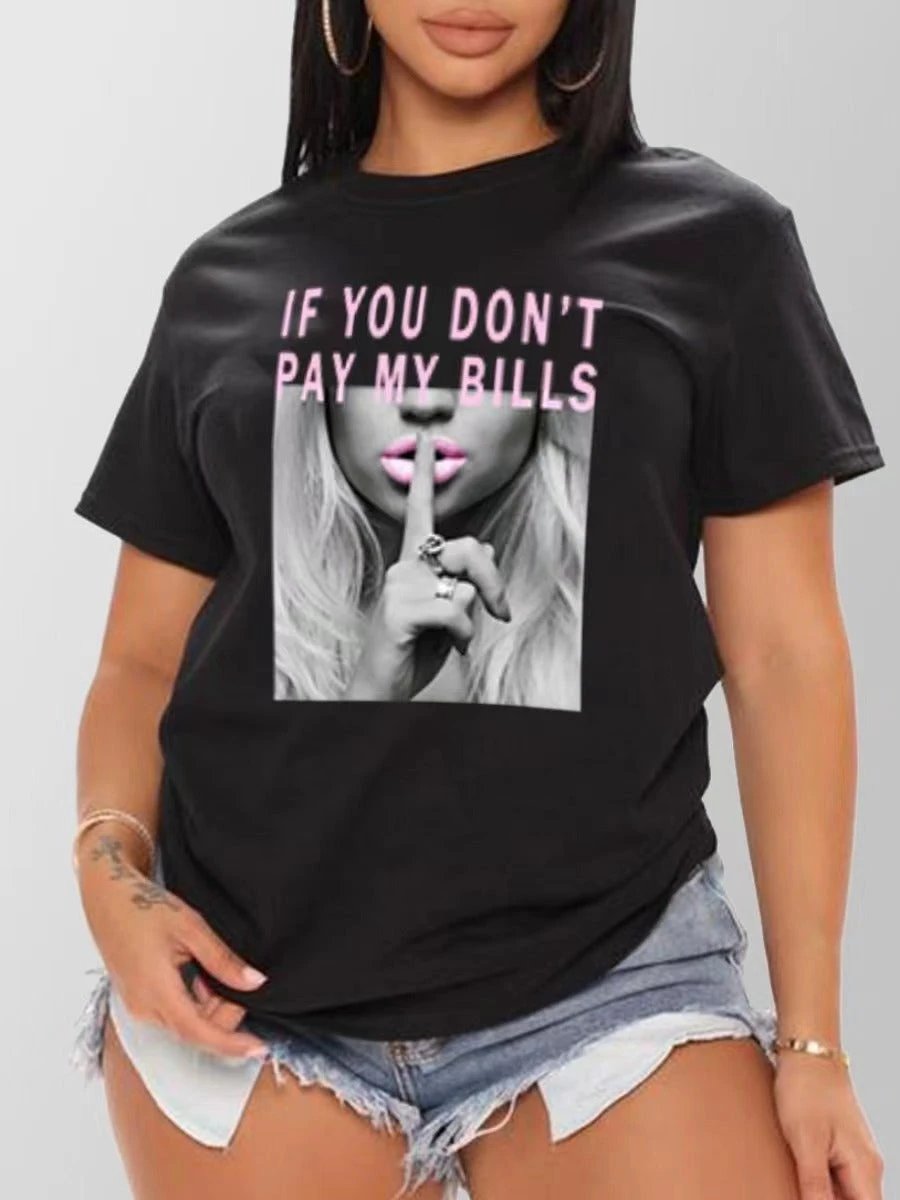 Letter Print T-shirt Summer Round Neck Tops Women by GJG Denim