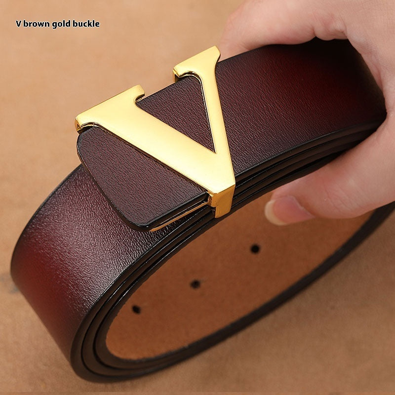 Men's  Retro Smooth Genuine Leather Pure Cowhide Letter V Belts