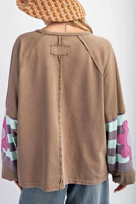 Plus Size Flower Round Neck Long Sleeve Blouse by Lady Ros