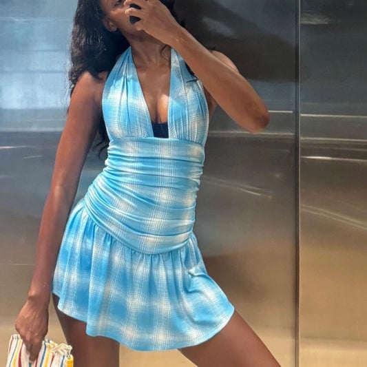 Blue And White Plaid Beach Sexy V-neck Cool Halter Dress