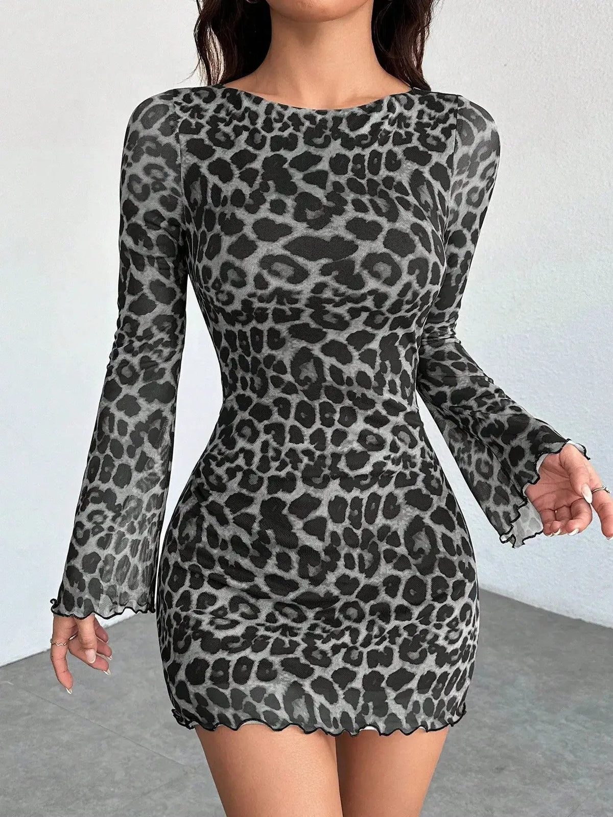 European And American Women's Clothing Leopard Print Round Neck Long-Sleeved Dress Elegant Mesh Short Skirt Vacation Seaside Dress by GJG Denim