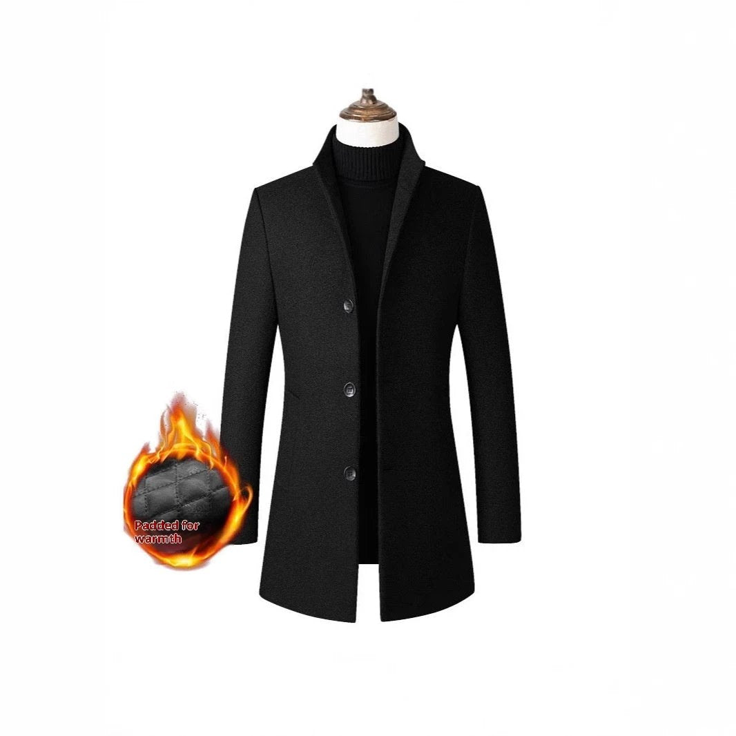 Single-breasted Stand Collar Cotton Padded Men's Woolen Trench Coat by GJG Denim
