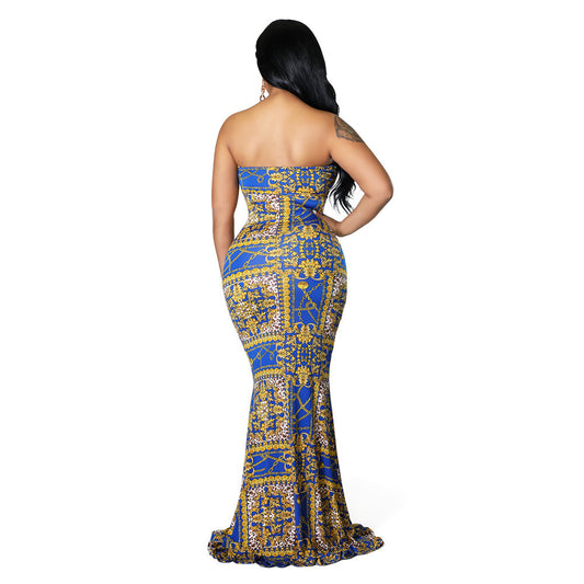 Women's Digital Print Wrap Breast Long Dress Floor Dress