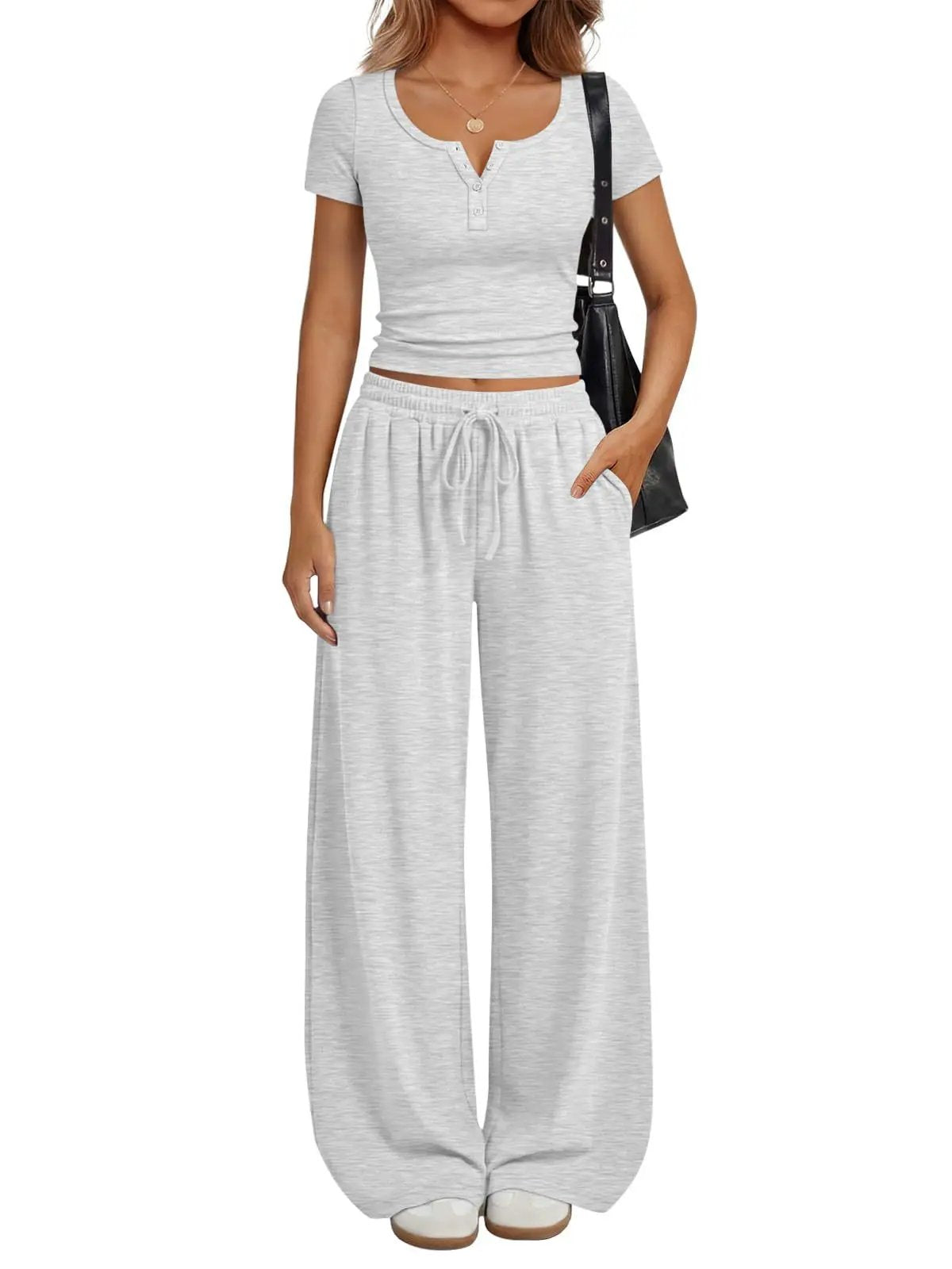 Women's Loungewear Short-Sleeve Top And Wide-Leg Pants Set by GJG Denim