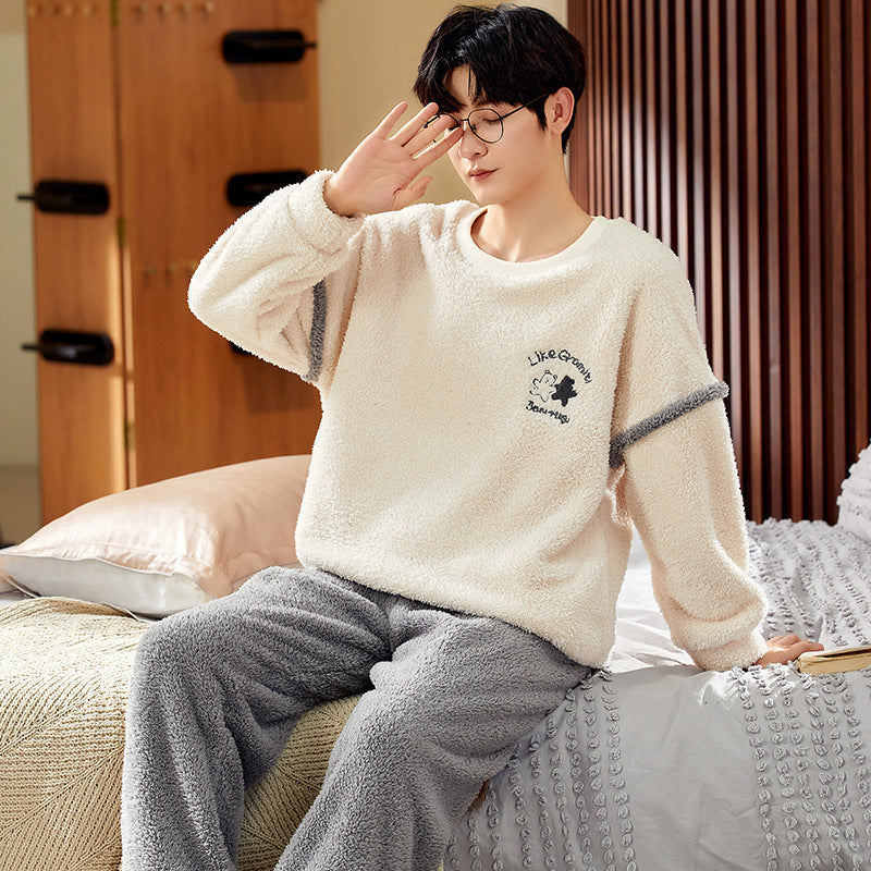 Men's Thick Thermal Pullover Round Neck Flannel Pajamas