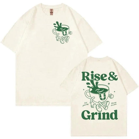 "Rise And Grind" Coffee Fun Expression Cartoon T-shirt For Men by GJG Denim