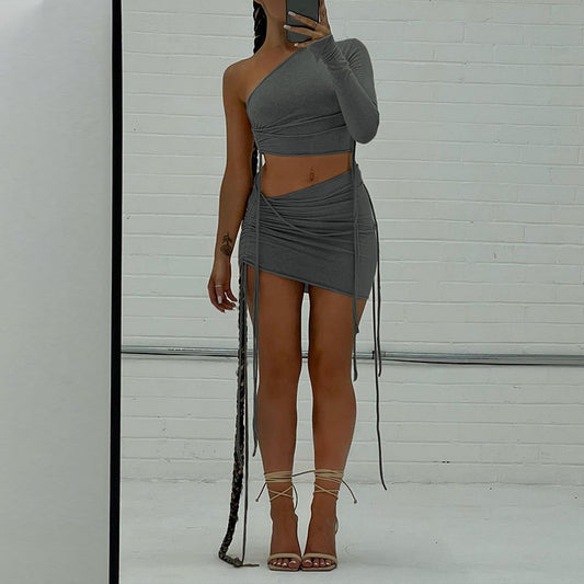 One Shoulder Midriff-baring Top Side Drawstring Skirt Set