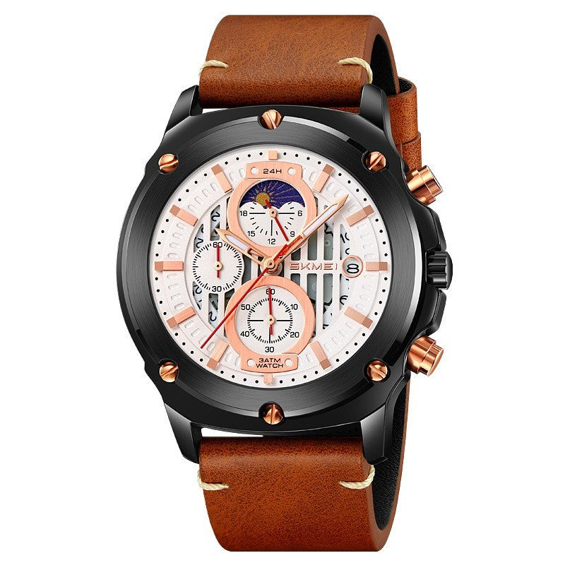 Men's Fashion Trend Leather-belt Three Eyes And Six Needles Quartz Watch