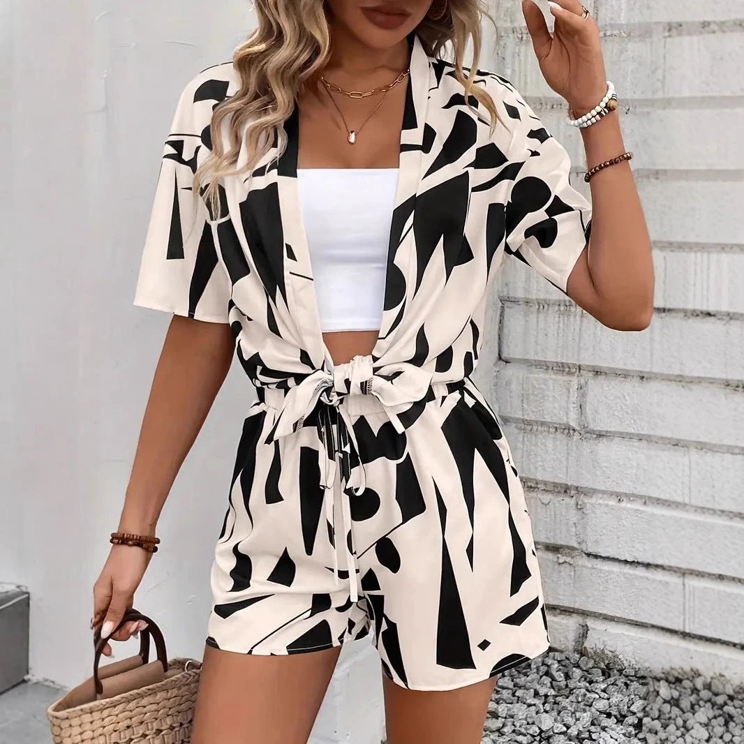 Printed Set Loose-fitting Shirt And Shorts Two-piece by GJG Denim