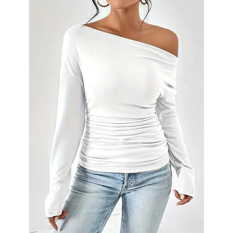 Women's Off The Shoulder Tops Long Sleeve T Shirts Going Out Tops Casual Trendy Ruched Slim Fitted Tees by GJG Denim