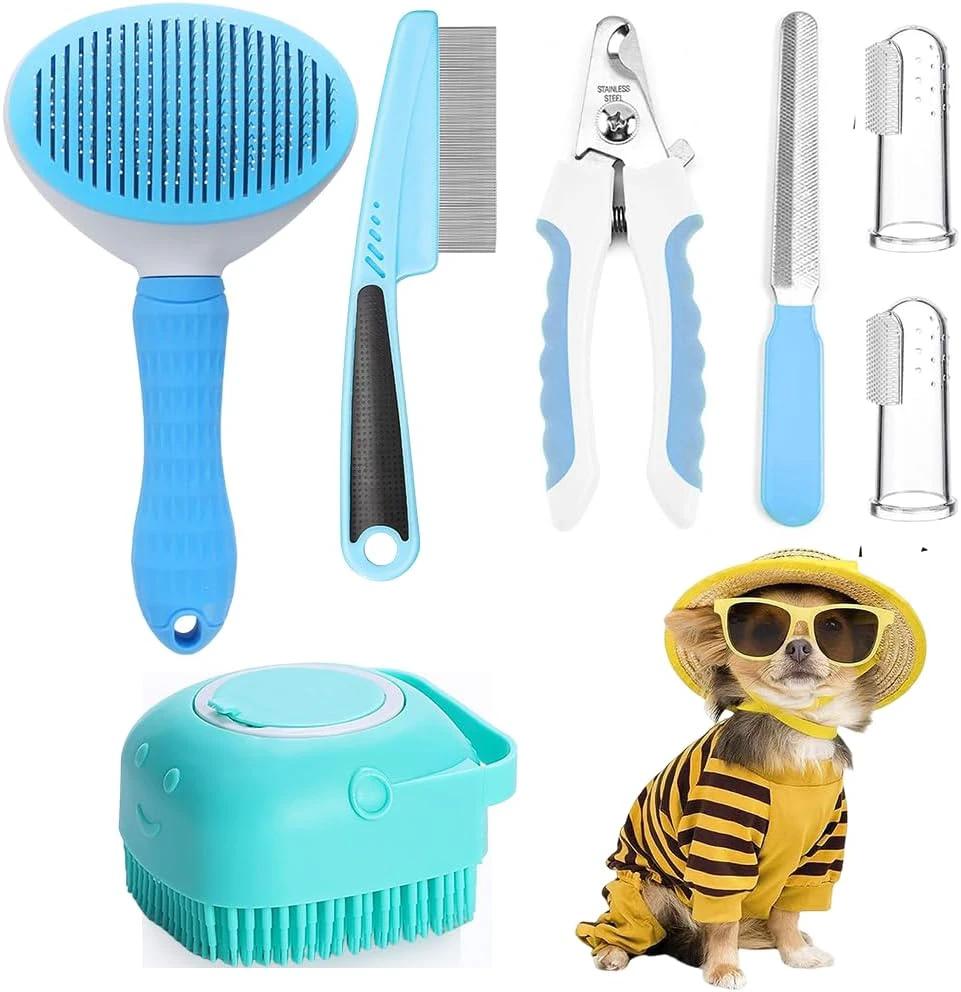 7pcs Pet Grooming Kit, Self-Cleaning Brush Shedding Kit With Nail Clipper, Flea Comb, Shampoo Bath Brush, Finger Toothbrush by GJG Denim
