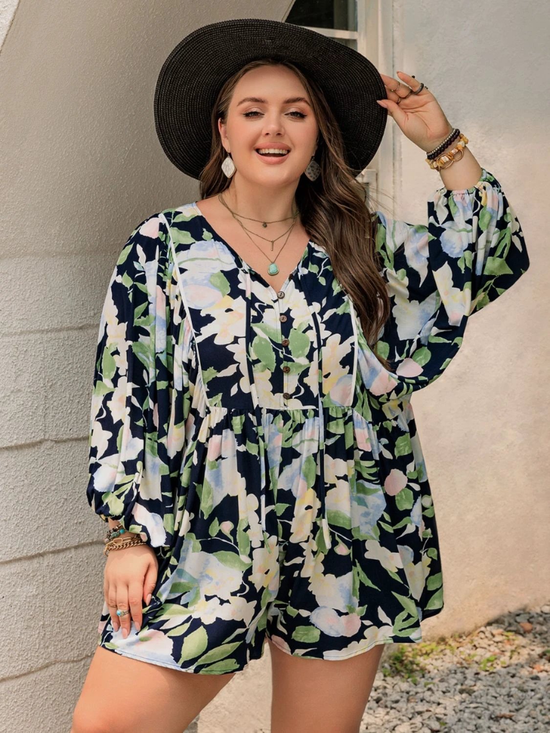 Plus Size Tied Printed Long Sleeve Romper by Lady Ros