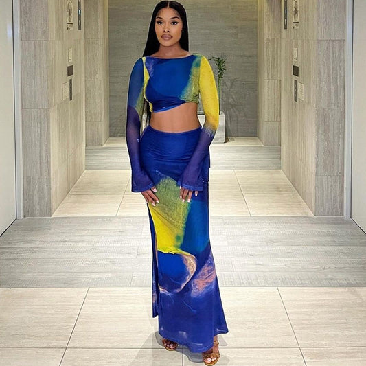 Printed Long Bell Sleeve top and long Skirt Set