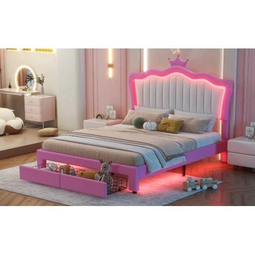Full Size Upholstered Bed Frame With LED Lights, Modern Upholstered Princess Bed With Crown Headboard, 2 Drawers by GJG Denim