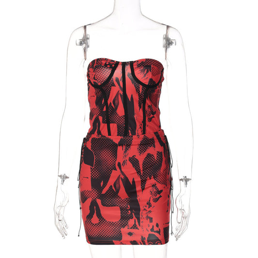 Sleeveless Corset  Top Drawstring High Waist Skirt