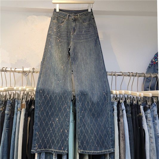 Heavy Industry Hot Rhinestone Lattice Diamond High Waist Loose Wide Leg Pants