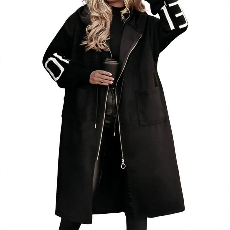 Women's Long Sleeve Letter Print Hooded Coat With Pockets - Zip Front Long Windbreaker For Spring&Fall