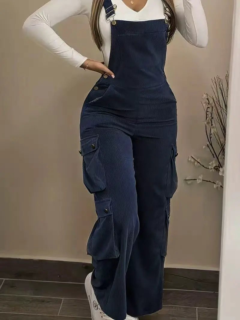 Women Casual Multi Pocket Corduroy Overalls Jumpsuits Straight Leg Cargo Pants by GJG Denim