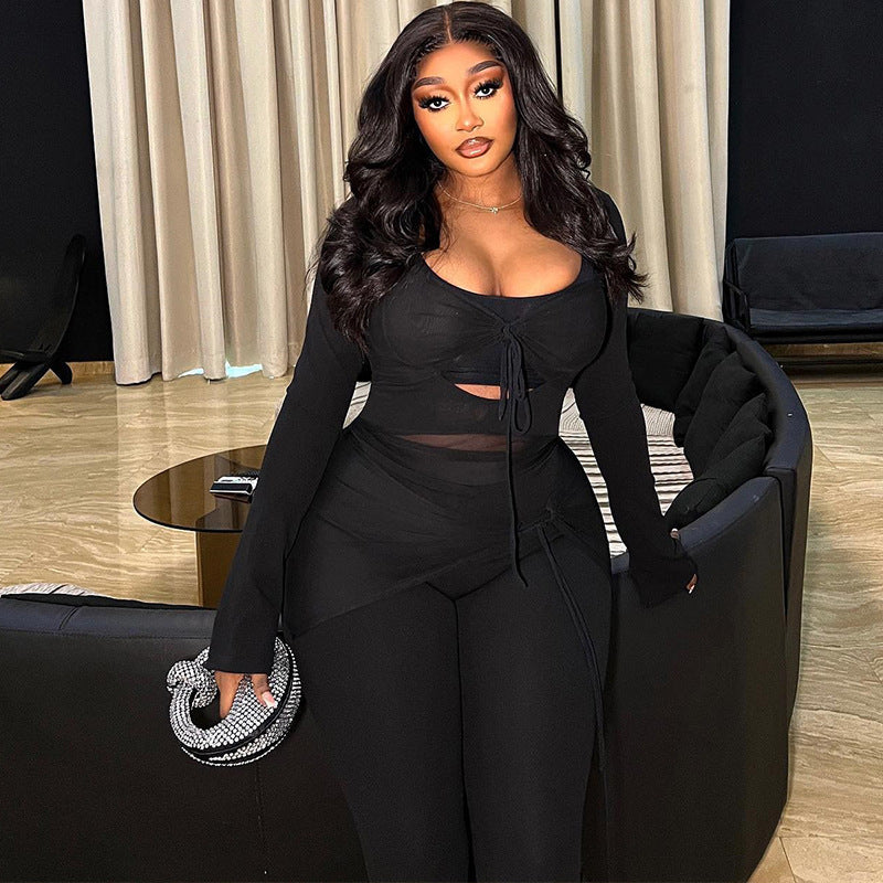 Women's Solid Color Casual Suit Mesh Stitching
