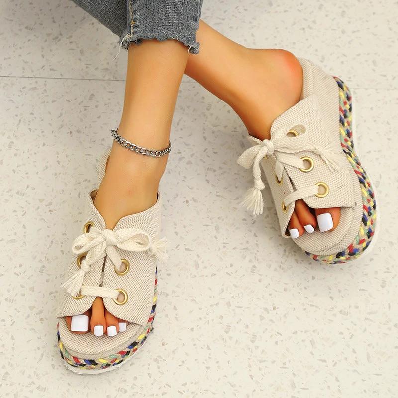 Women's Straw Woven Wedge Color-block Lace-up Slippers by GJG Denim