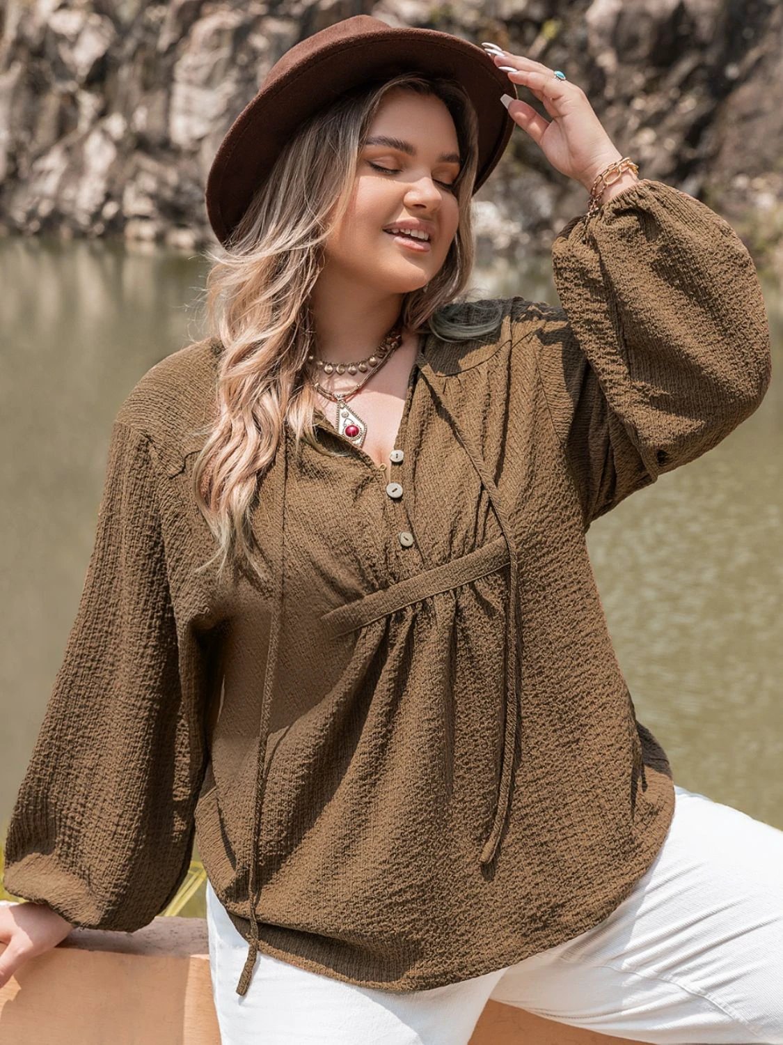 Plus Size Tie Neck Long Sleeve Blouse by Lady Ros