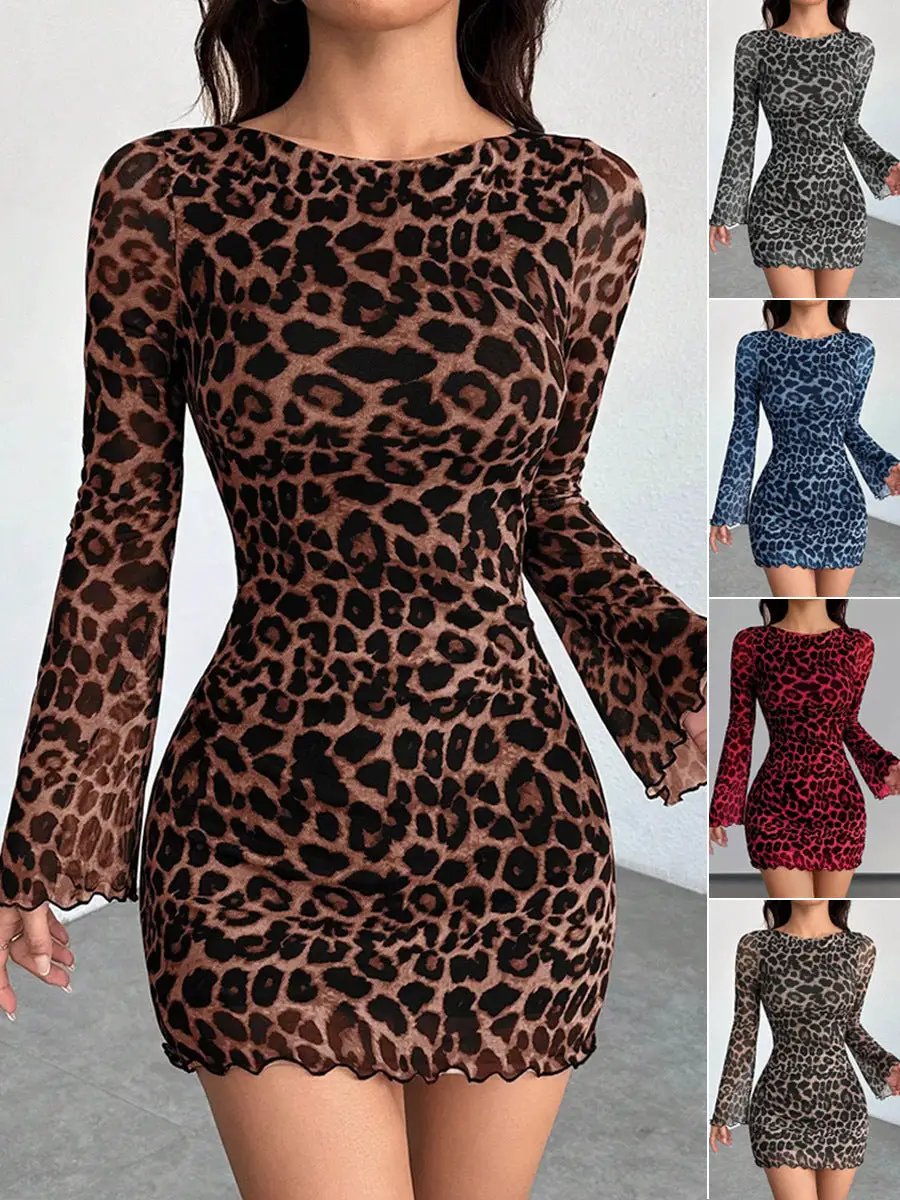 European And American Women's Clothing Leopard Print Round Neck Long-Sleeved Dress Elegant Mesh Short Skirt Vacation Seaside Dress by GJG Denim