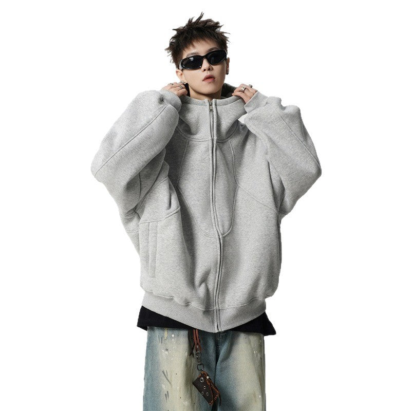 Men's Loose Design Stitching Zip-up Hooded Sweater