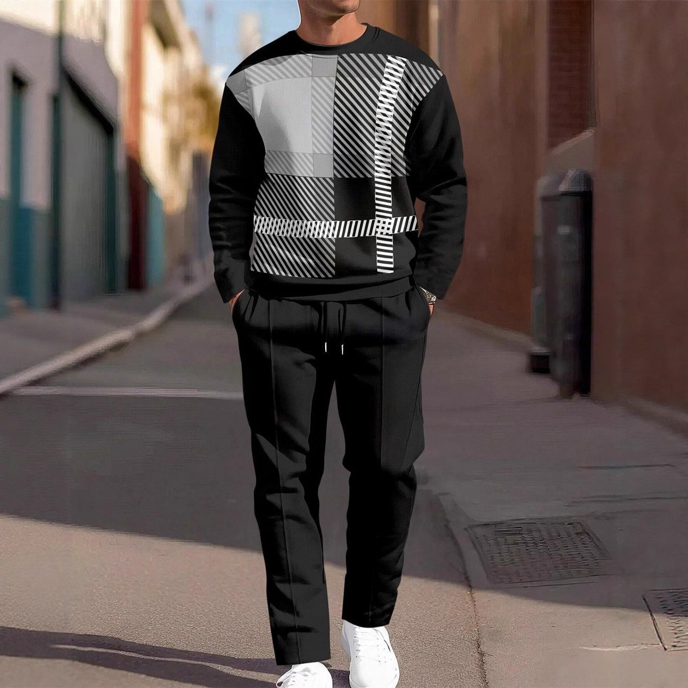 Fashion Line Printing Men's Round Neck Suit