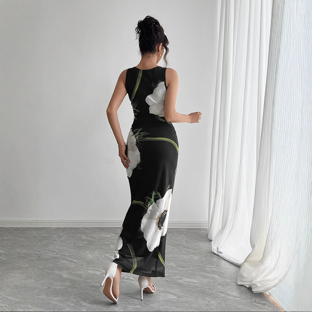 Women's Black Mesh Floral Print Sleeveless Dress Long Dress