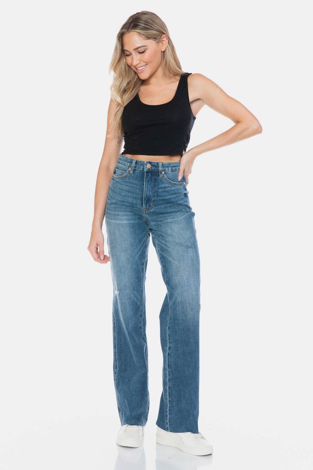 Judy Blue Full Size Tummy Control Cut Raw Hem Straight Women Jeans