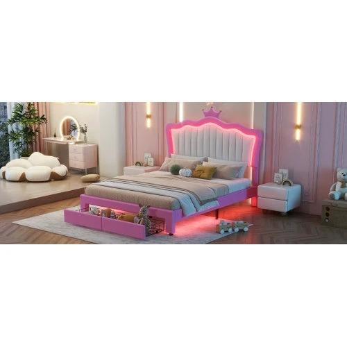 Full Size Upholstered Bed Frame With LED Lights, Modern Upholstered Princess Bed With Crown Headboard, 2 Drawers by GJG Denim