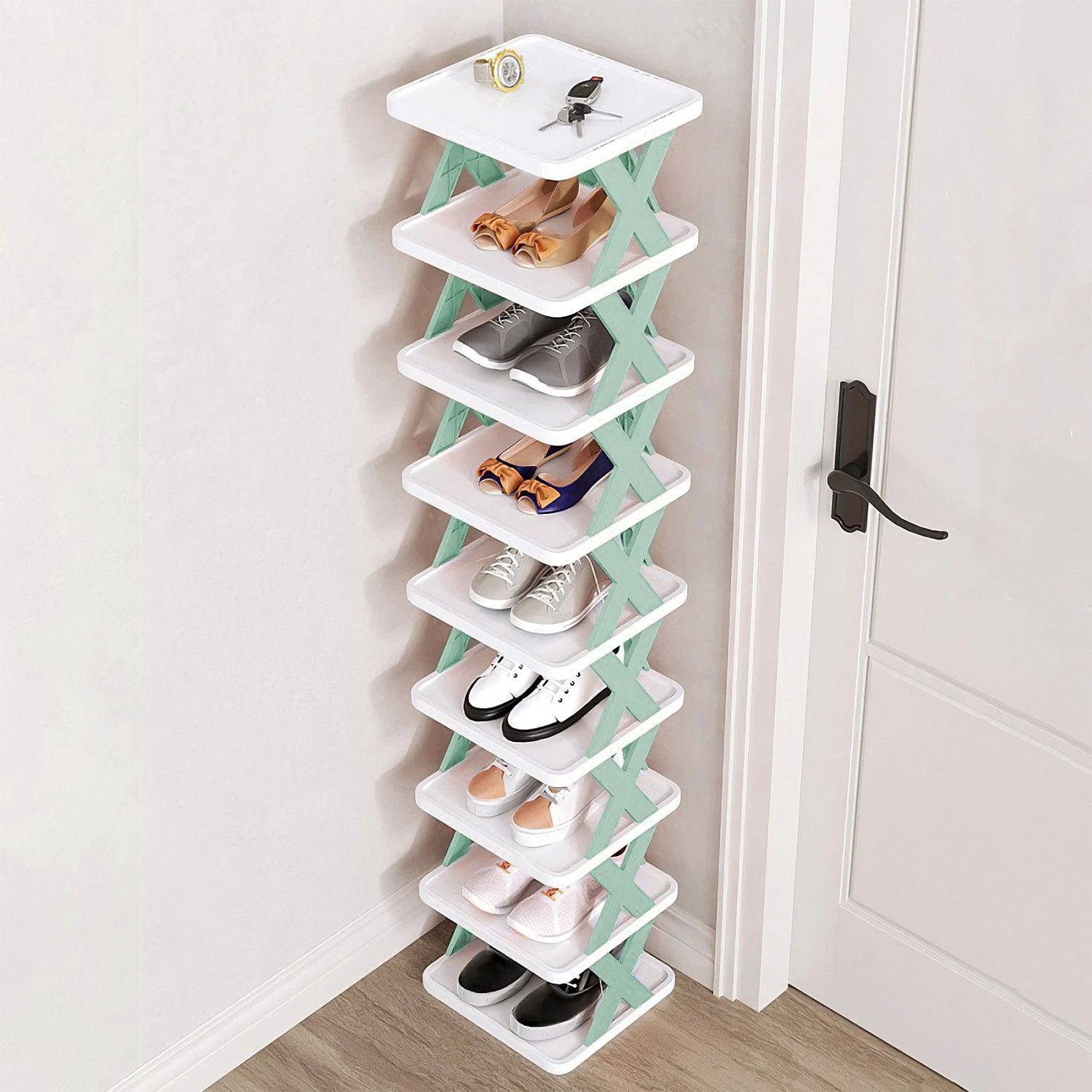 1Pc 9Tier Narrow Entryway Shoe Rack Plastic Vertical Shoe Organizer Space Saving Free Standing by GJG Denim