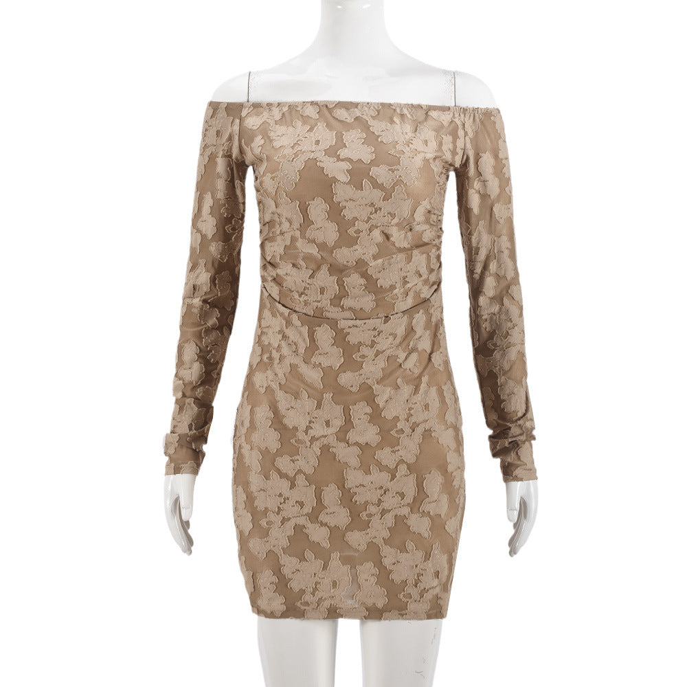 Women's Autumn High Elastic 3D Flower Cutout Backless Off-shoulder Long Sleeve Dress