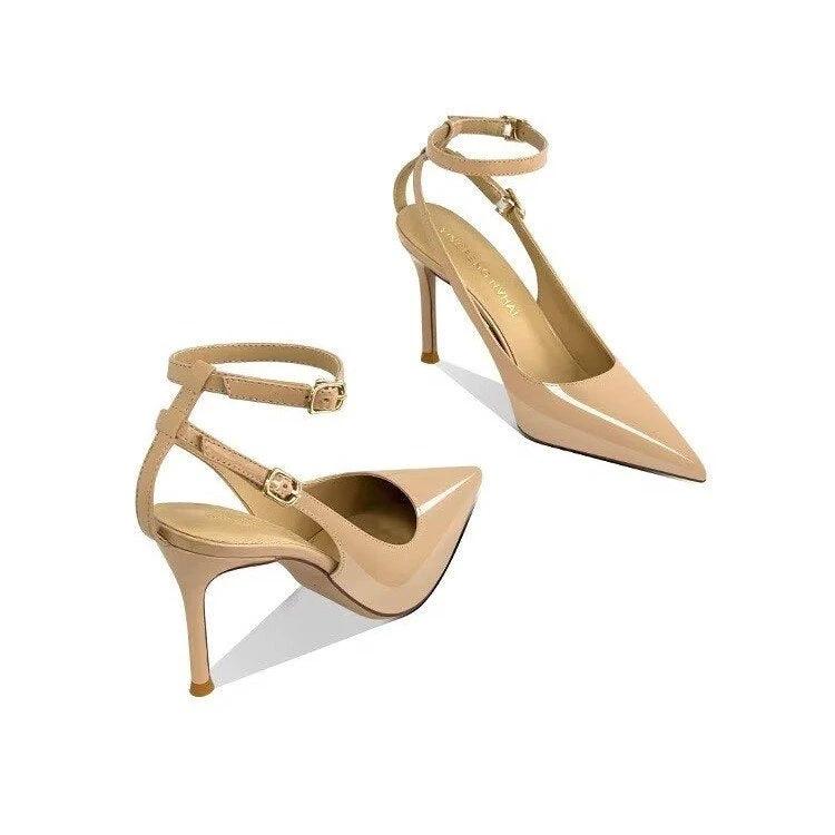 Women's Minimalist European & American Style Pointed Toe Patent Leather Stiletto Sandals, Ankle Strap, Slim Fit, Sexy Nightclub Shoes by GJG Denim