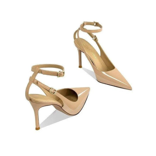 Women's Minimalist European & American Style Pointed Toe Patent Leather Stiletto Sandals, Ankle Strap, Slim Fit, Sexy Nightclub Shoes by GJG Denim