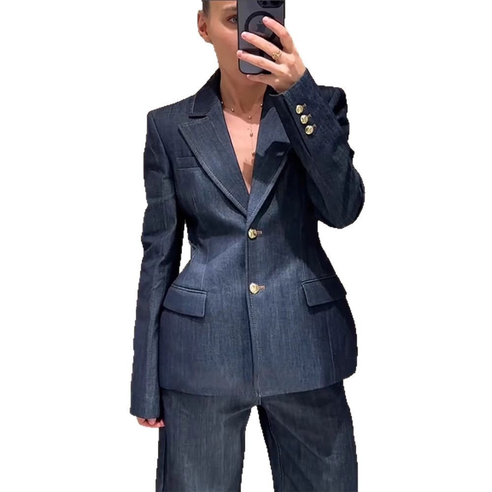 Dark Blue Temperament Waist-controlled Hong Kong Style Denim Suit