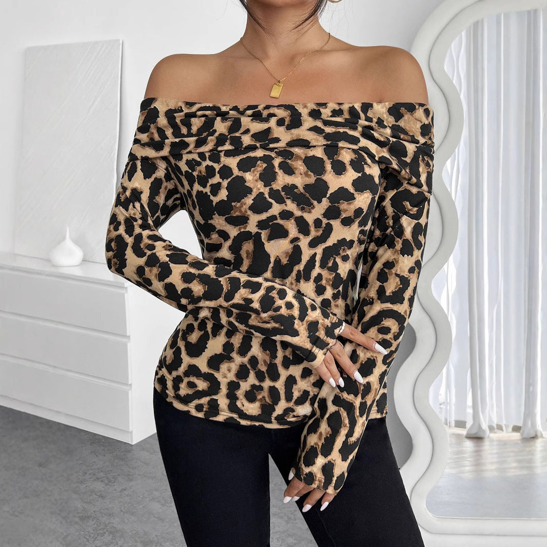 Leopard Print Off-shoulder Long Sleeve T-shirt