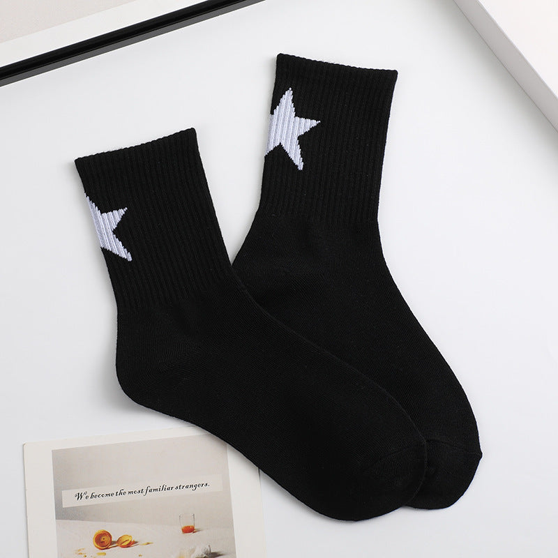 Black And White Five-pointed Star Tube Socks Breathable Sports Socks For Men