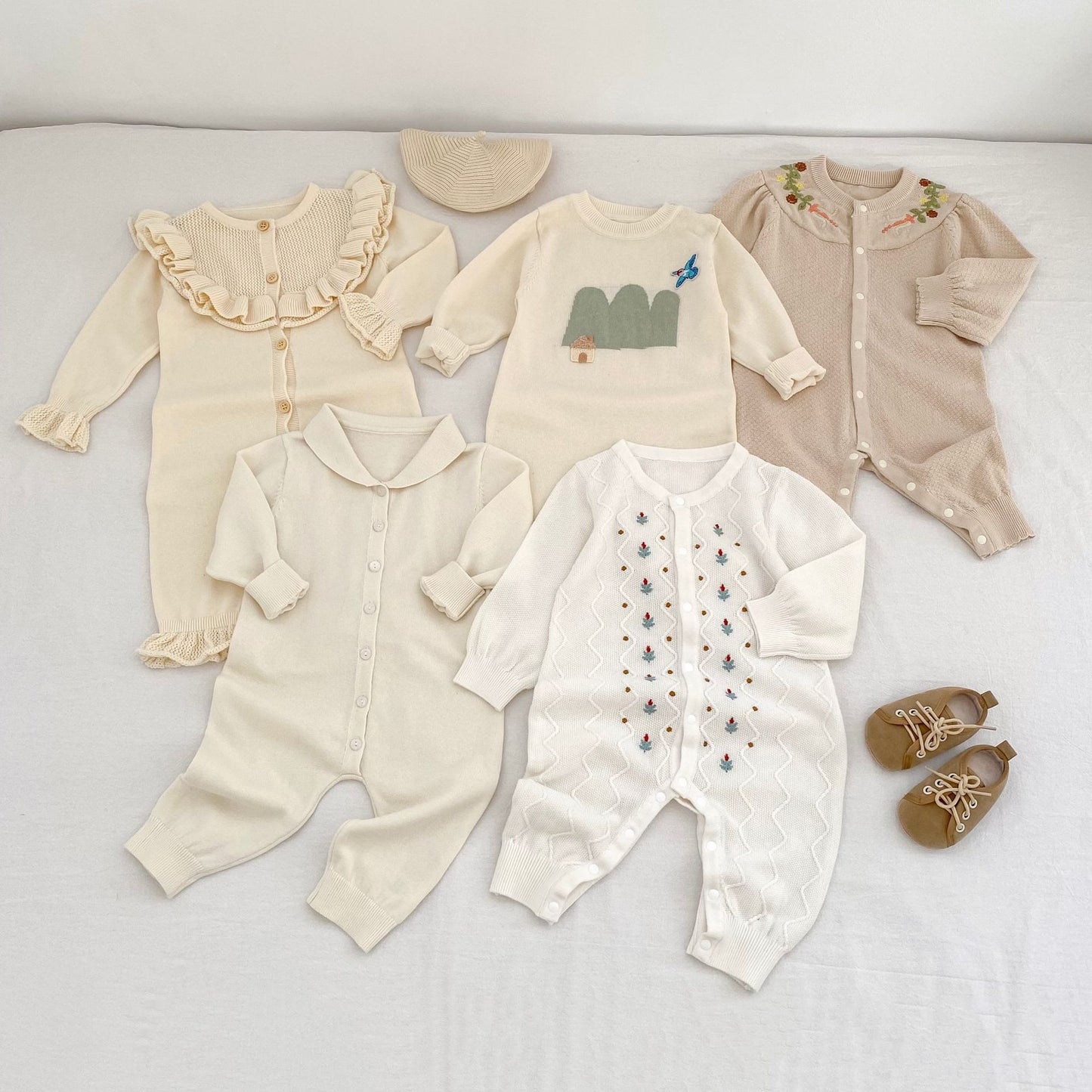 Baby Girl Round Neck Ruffled Stitching Long Climbing Fashionable Stylish Solid Color Jumpsuit