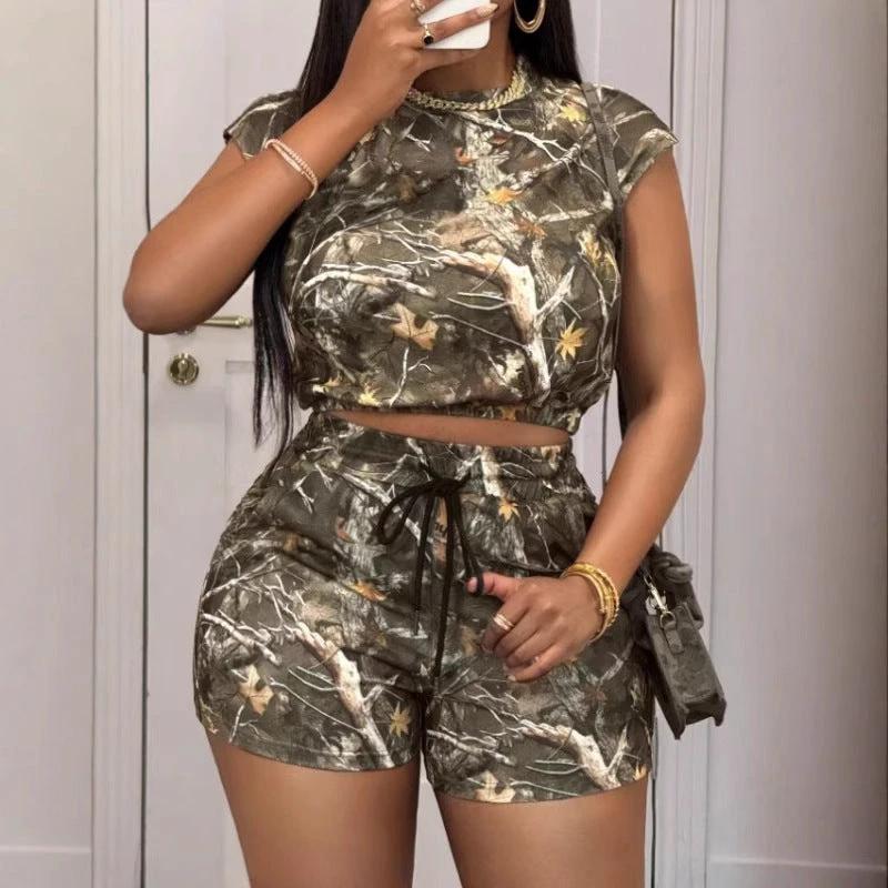 Women's Loose Casual Drawstring Branch Camouflage Printing Shorts by GJG Denim