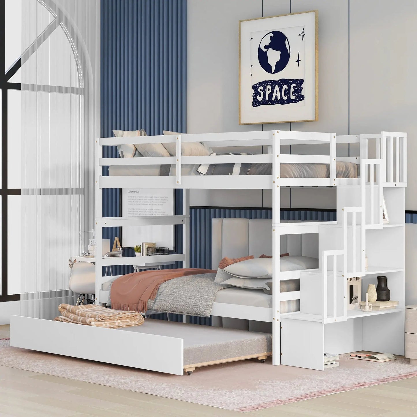 Twin Over Twin Bunk Beds With Twin Trundle And Stairway Storage Function In White Color by GJG Denim