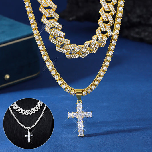 Men's Zircon Cross Pendant Cuban Chain Iced Out Paved Rhinestones Bling Necklaces
